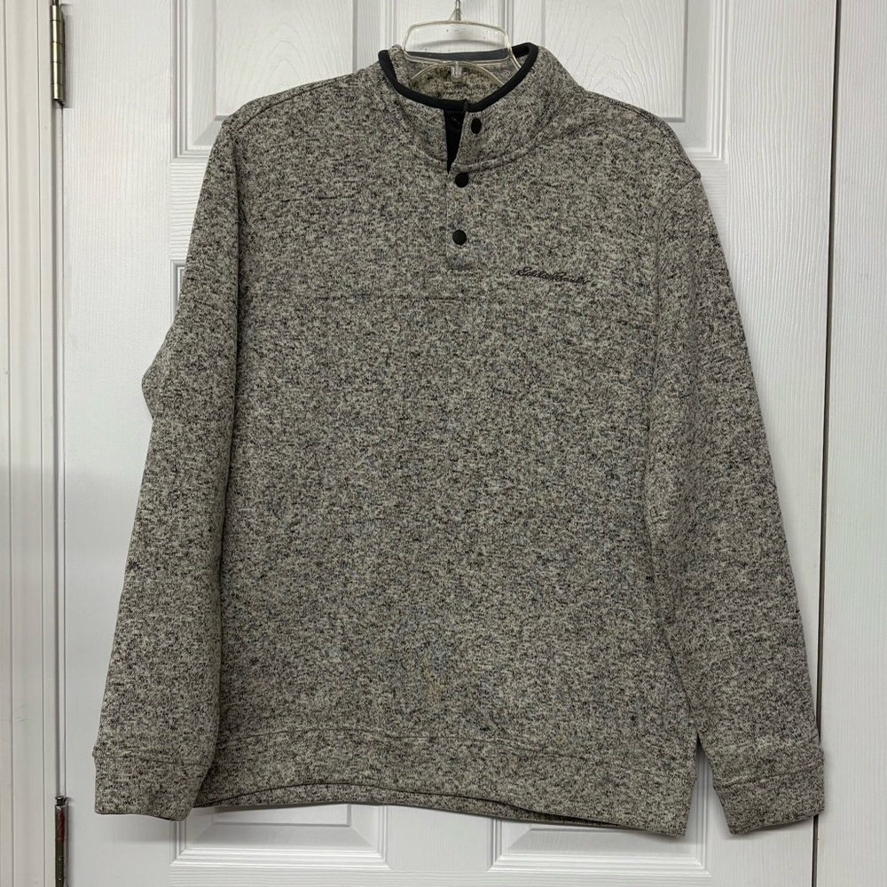 Eddie Bauer Fleece Lined Sweater 1/4 Snap Pullover Tan and Gray Sz M